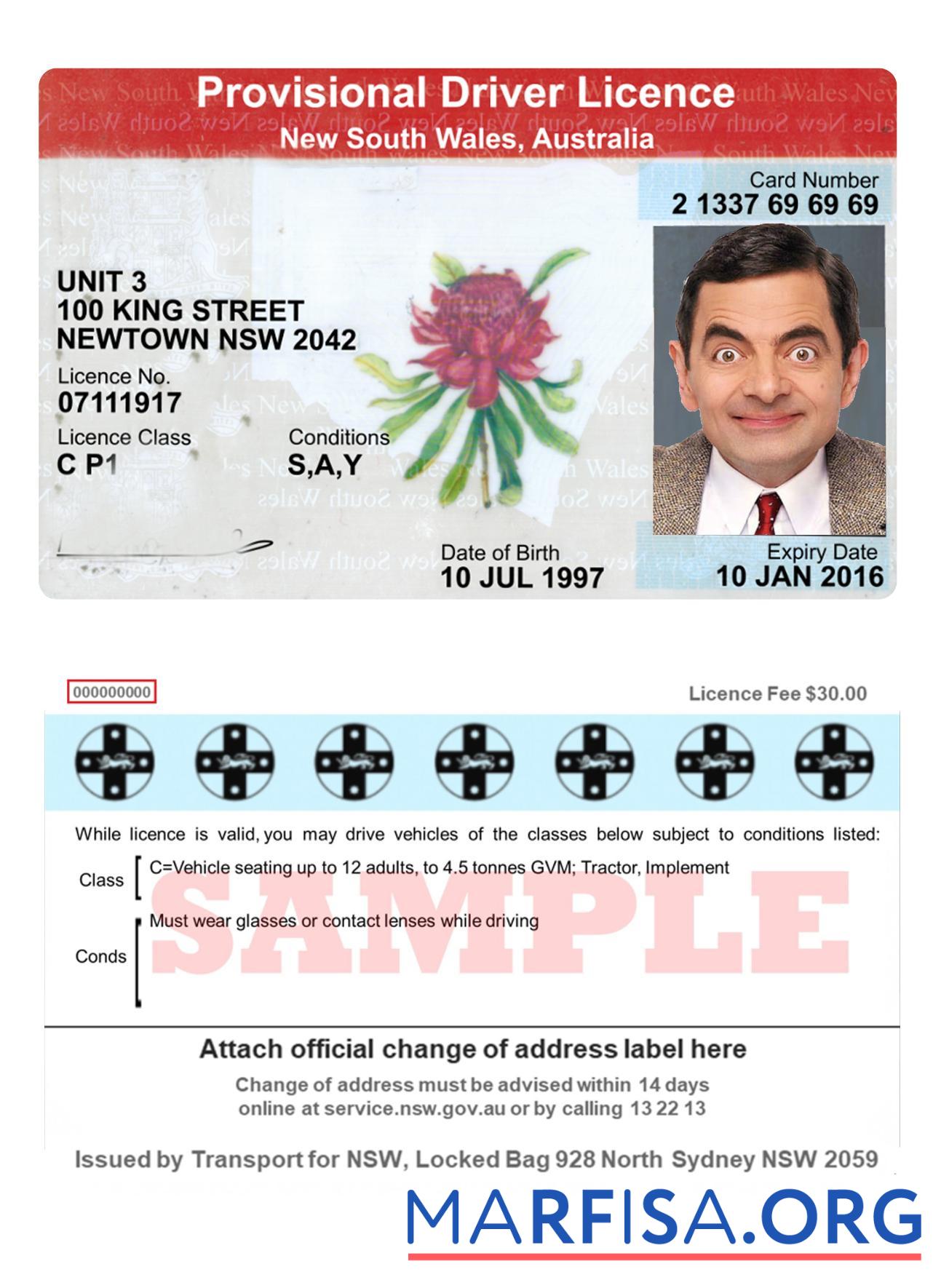 Blank Australia New South Wales provisional driving license download for verification